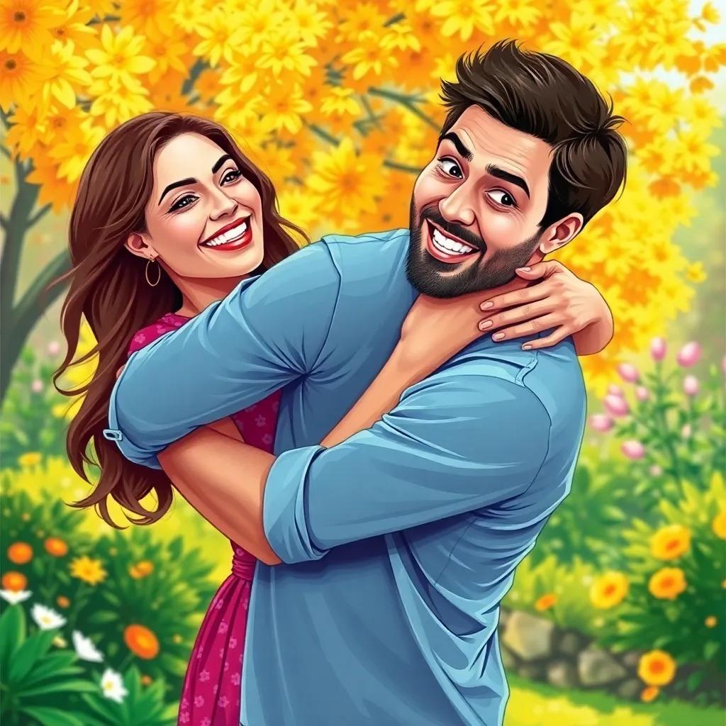 A woman holding her husband playfully, with a background of a sunny garden, she looks very happy while he looks surprised, digital art, colorful, happy, family-friendly, high quality