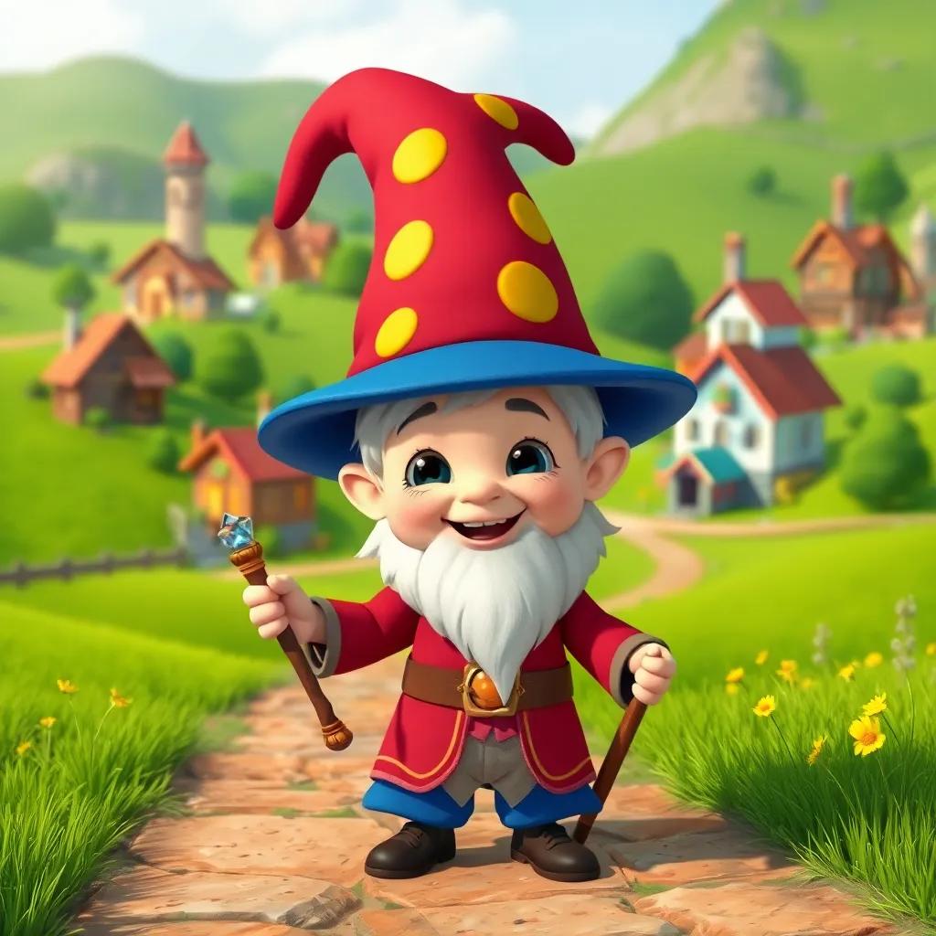 A small wizard, wearing a big magical hat and holding a magic wand, standing happily in a colorful village with green fields and houses, cheerful atmosphere, bright sunny day
