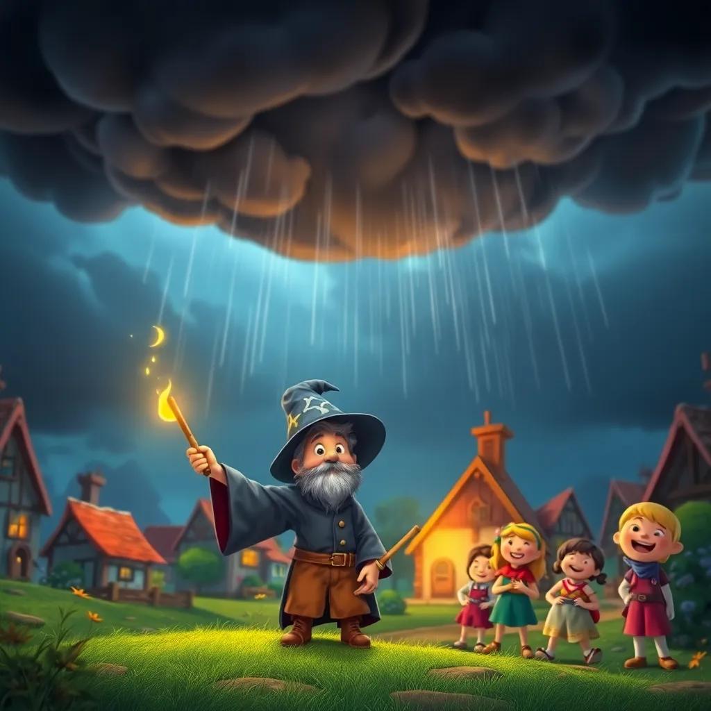 A small wizard, looking determined with his wand raised, dark clouds forming above the village with raindrops falling, villagers looking joyful, vibrant colors, magical scene