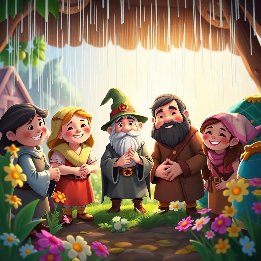 Villagers with cheerful faces, thanking the small wizard under the rain, colorful crops and flowers blooming around, bright light, heartwarming moment, playful mood