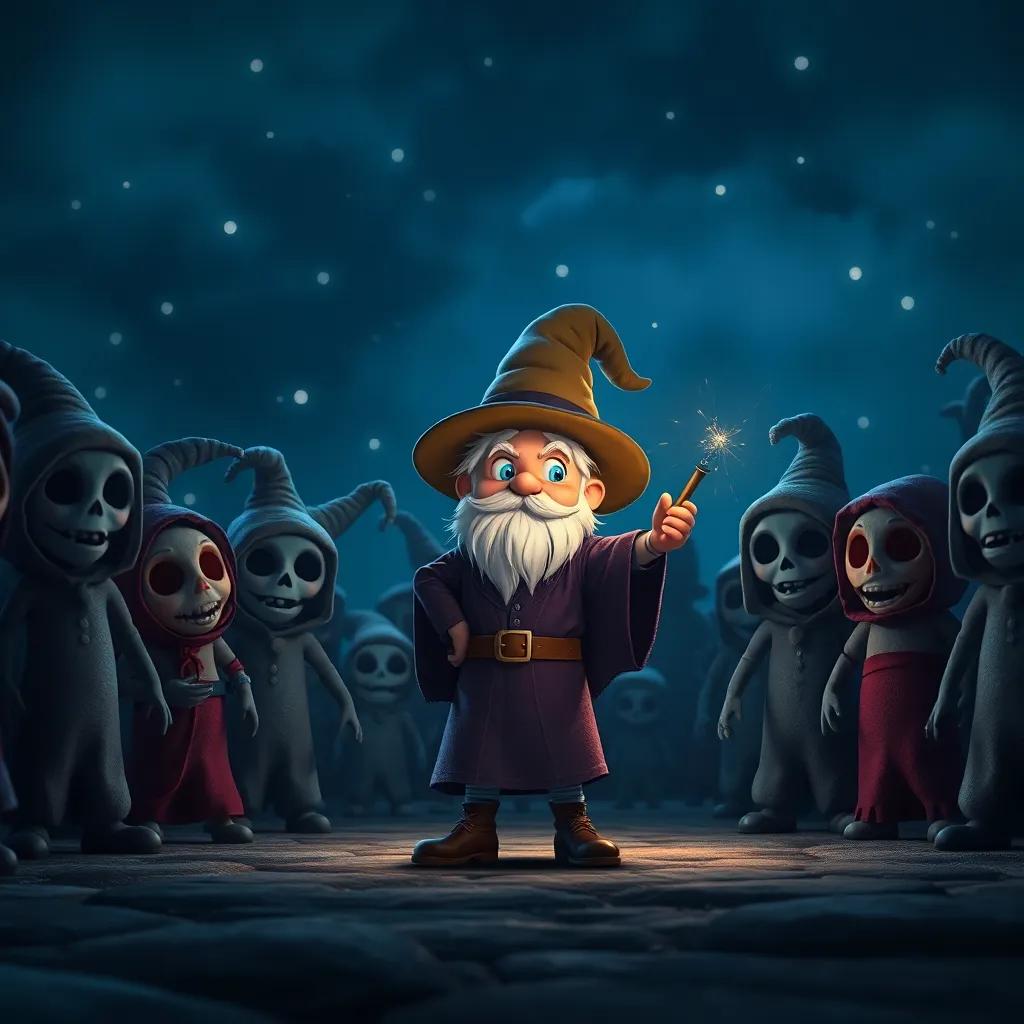 A small wizard standing bravely against a group of spooky dolls at night, using his magic wand, shimmering lights in the dark sky, adventurous atmosphere