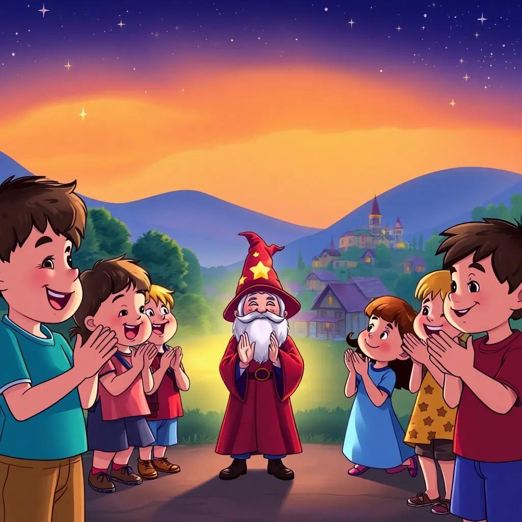Children smiling and clapping for the small wizard, stars twinkling in a night sky, the village in the background looking peaceful, uplifting and joyful scene