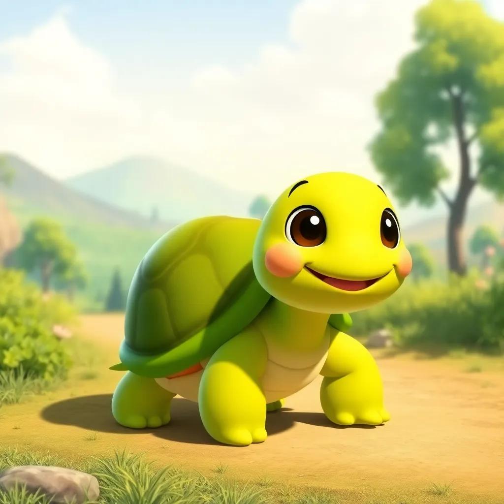 A little turtle named Sally, with a green shell, happily starting her journey on a sunny day, a scenic landscape in the background, cheerful, cartoon style, bright colors, high quality