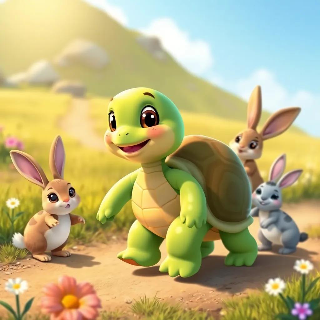 Sally the turtle walking slowly, smiling, with two curious rabbits around her, a sunny hillside with flowers, playful atmosphere, vibrant colors, child-friendly illustration