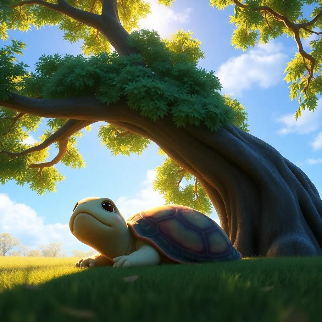 Sally the turtle resting under a large green tree, looking up at the blue sky, feeling peaceful and content, warm sunlight filtering through the leaves, digital art, inviting and serene