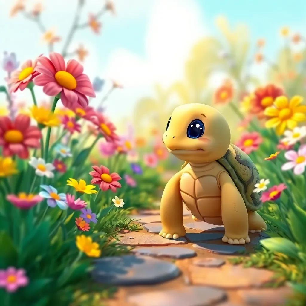 Sally the turtle seeing beautiful colorful flowers along the path, stopping to admire them, flowers in various colors, joyful scene, bright and cheerful art, kid-friendly