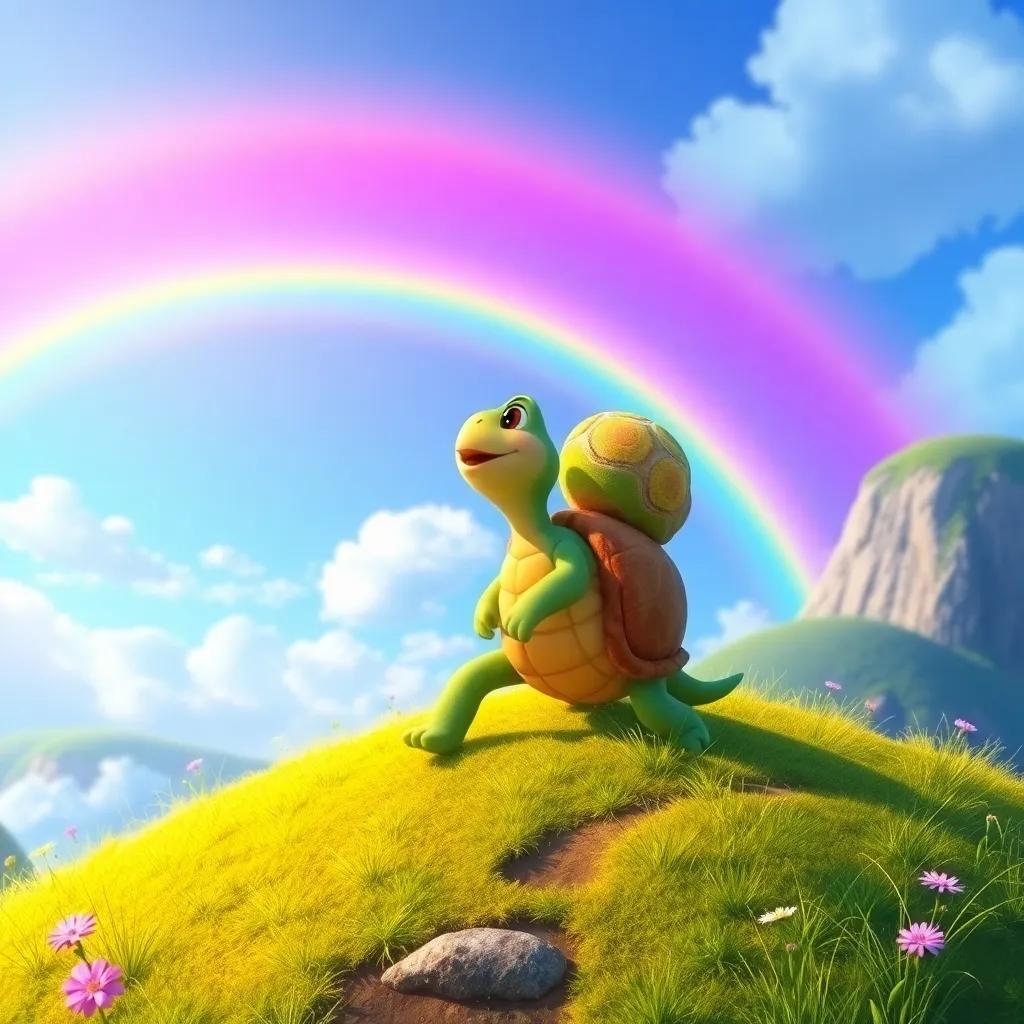 Sally the turtle reaching the top of a hill, happily looking at the beautiful view, with a rainbow in the sky, celebrating her achievement, vibrant colors, joyful atmosphere, fantasy elements