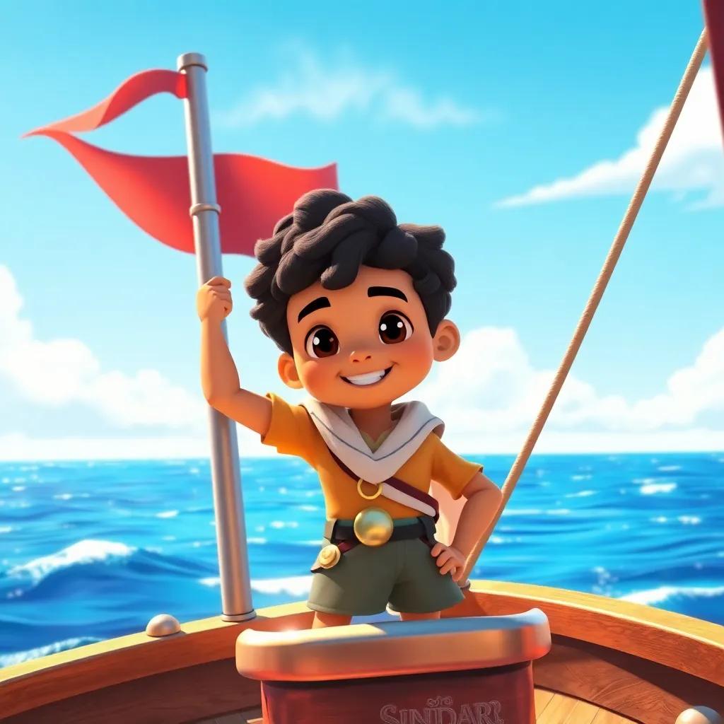 A brave sailor, Sindbad, a young Arab boy with short curly hair wearing a sailor outfit, standing on a shiny ship on a sunny day with blue ocean around, digital art, cheerful, bright colors, joyful atmosphere, high quality