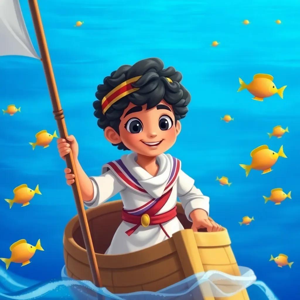 Sindbad, a young Arab boy with short curly hair in a sailor outfit, sailing on the blue sea with colorful fish swimming around, illustration, vibrant, friendly, child-friendly