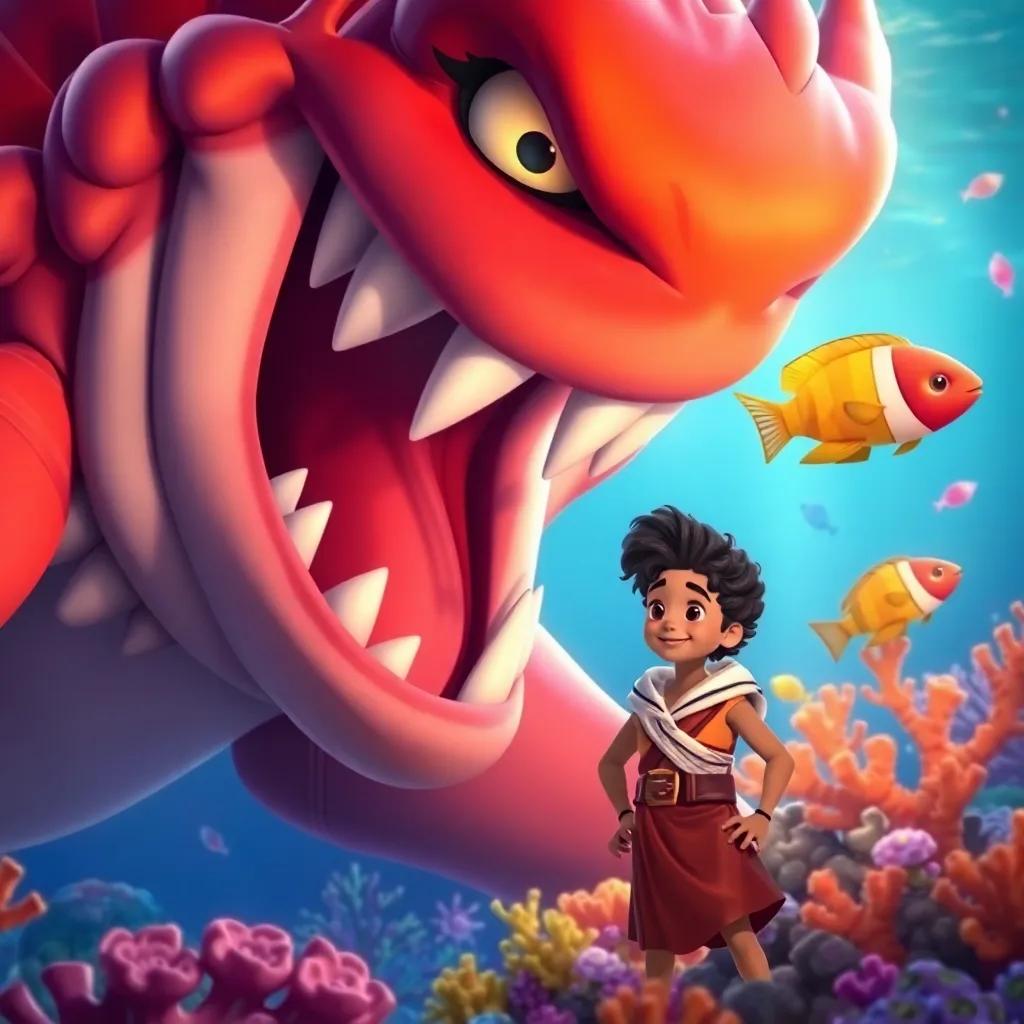A huge sea monster, friendly and smiling, appearing next to Sindbad, a young Arab boy with short curly hair in a sailor outfit, underwater scene with bright coral and fish, colorful, enchanting, underwater fantasy