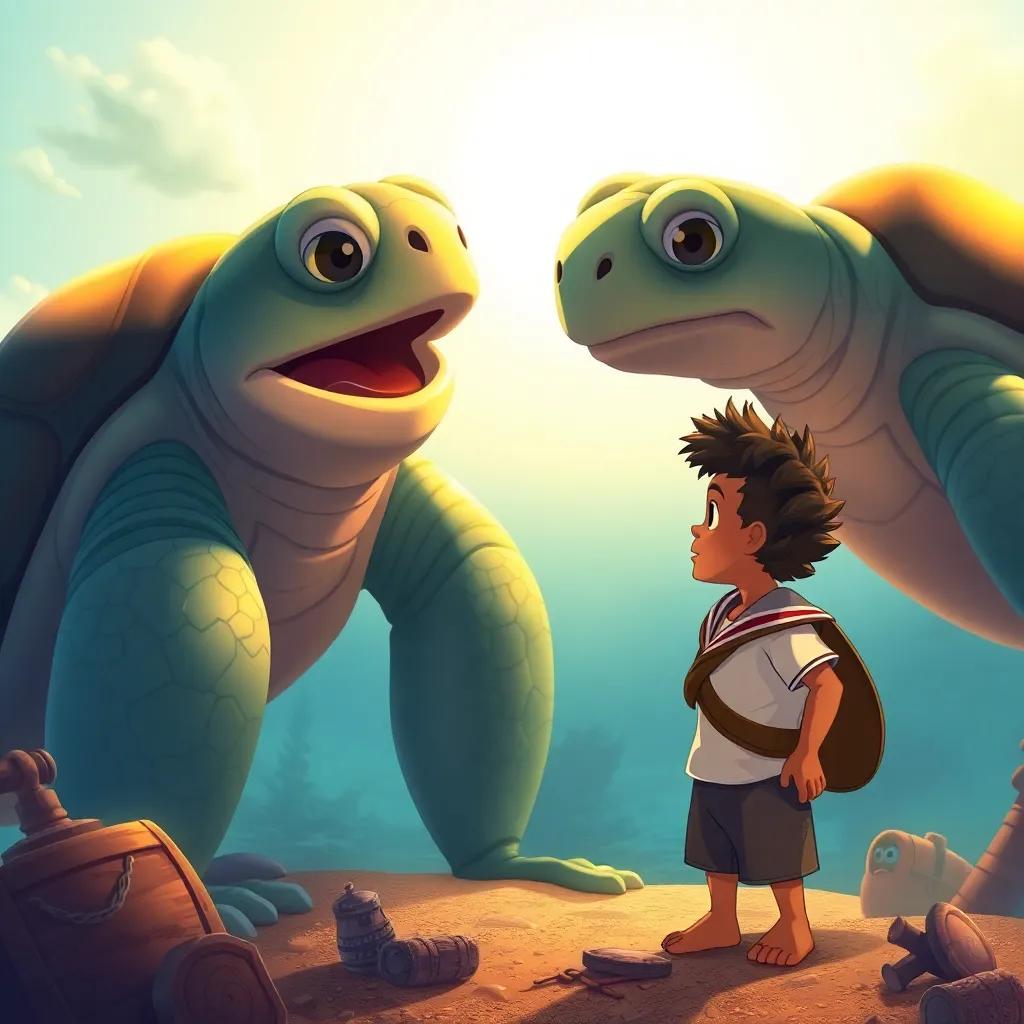 A big, wise turtle speaking to Sindbad, a young Arab boy with short curly hair in a sailor outfit, surrounded by shipwrecks and treasures, illustration, adventurous, warm light, engaging fantasy