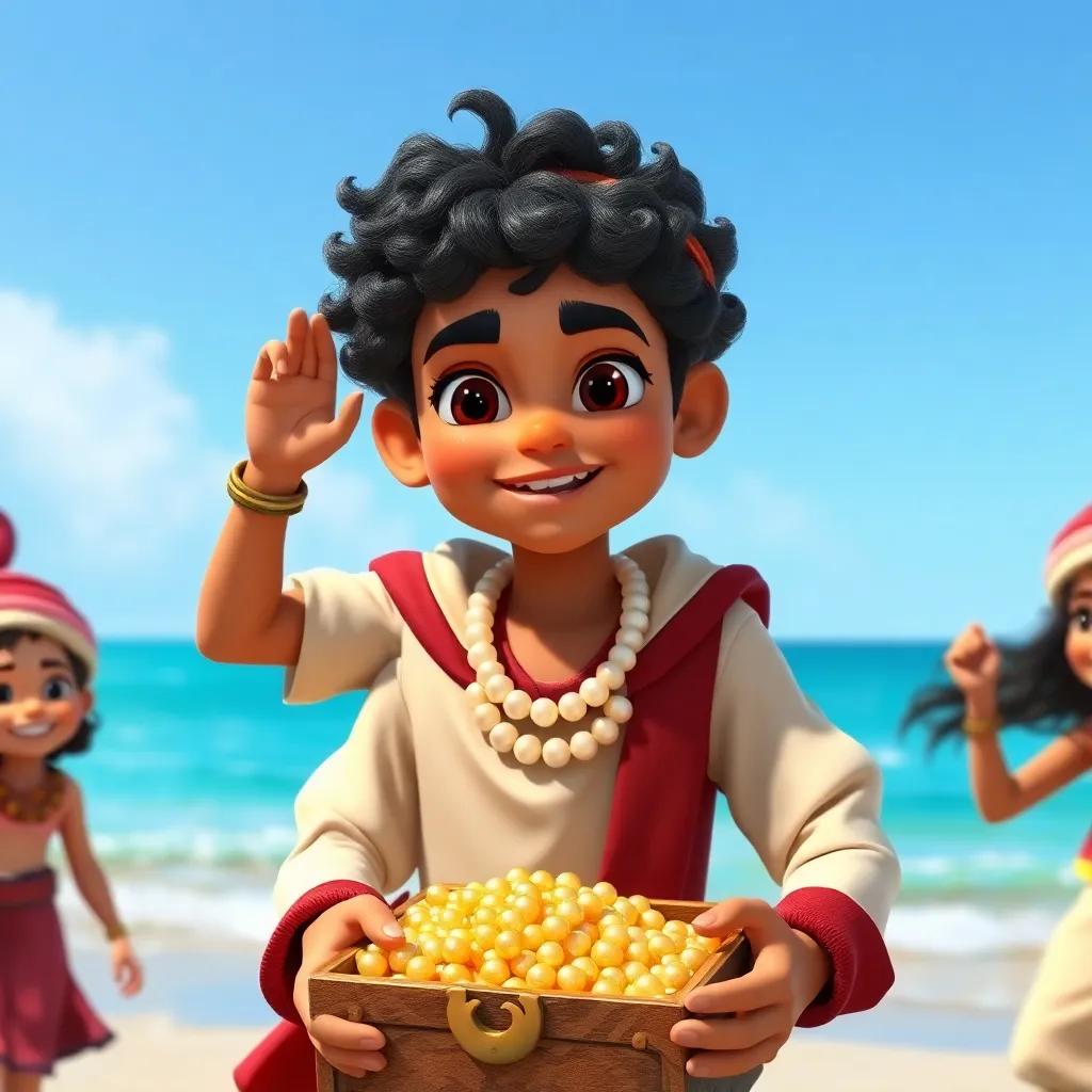 Sindbad, a young Arab boy with short curly hair in a sailor outfit, holding a chest full of pearls and gold with friends around him, joyful beach scene, bright colors, happy atmosphere, high quality