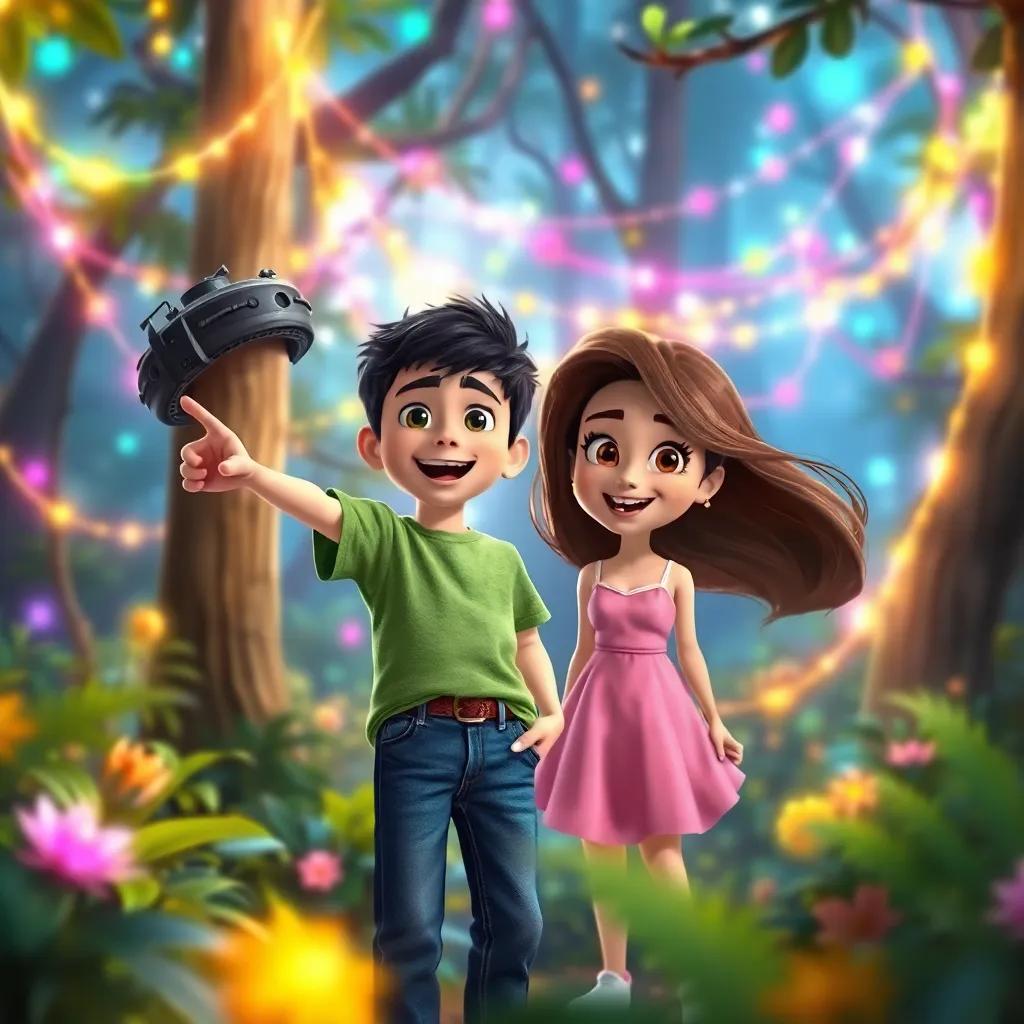 A magical network in the forest, with vibrant colors swirling around, Zaid, a young boy with short black hair wearing a green t-shirt and jeans, pointing excitedly, SARA, a girl with long brown hair and a pink dress, smiling, bright and enchanted atmosphere, digital art, colorful and inviting, cheerful perspective, high quality