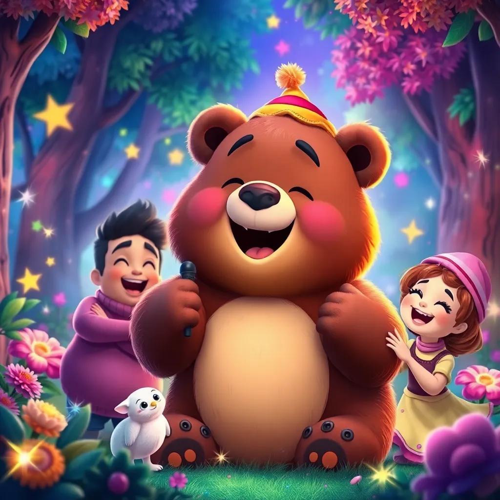A friendly bear singing in front of Zaid and SARA, in a colorful forest, the bear is fluffy, with a big smile, wearing a tiny hat, Zaid and SARA are laughing and singing, surrounded by sparkling colors and magical creatures, joyful and enchanting scene, vibrant colors, illustration, lively setting, heartwarming quality