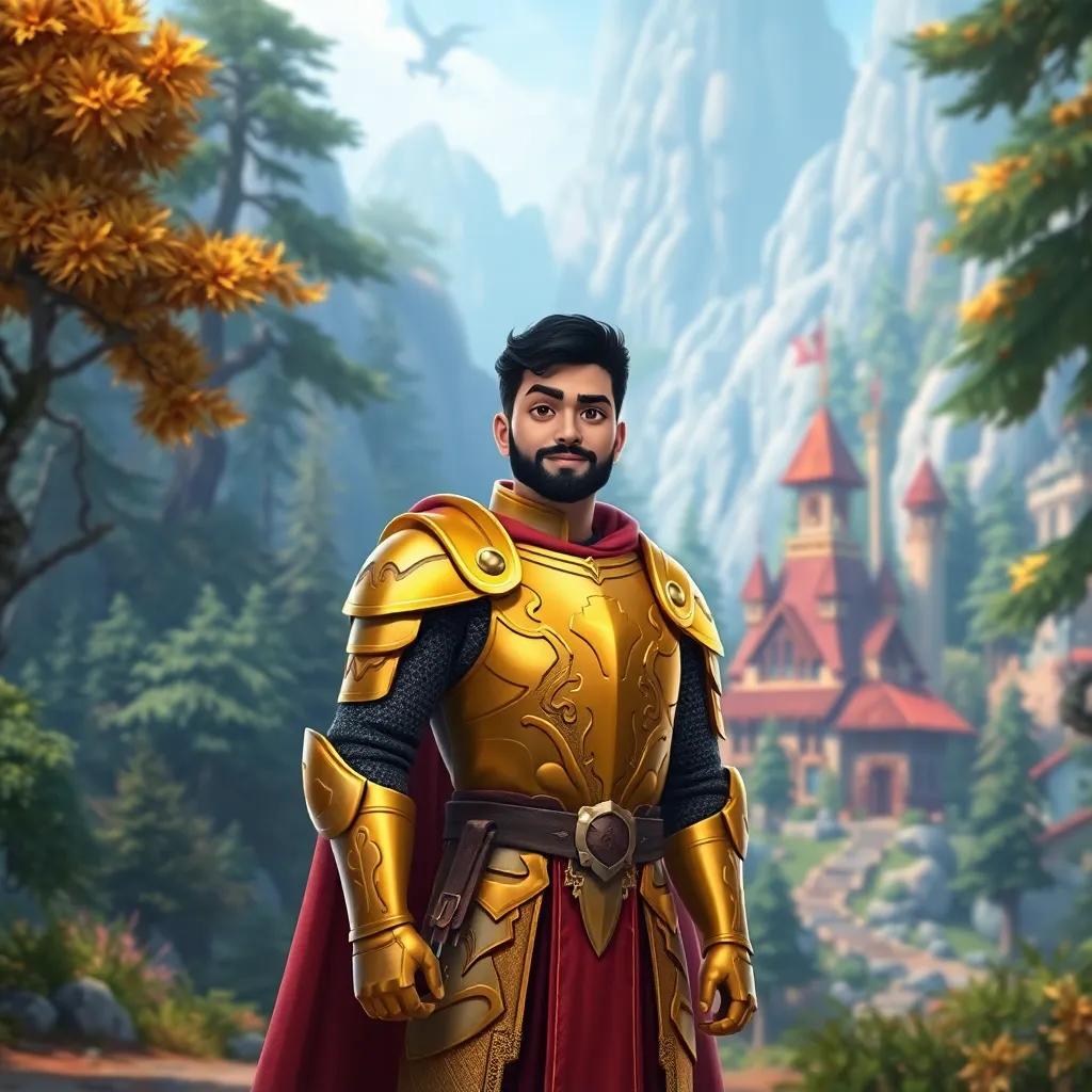 A brave knight named Rashid, wearing a shiny golden armor, standing in front of his small village surrounded by a mystical forest, digital art, bright colors, heroic atmosphere, high quality