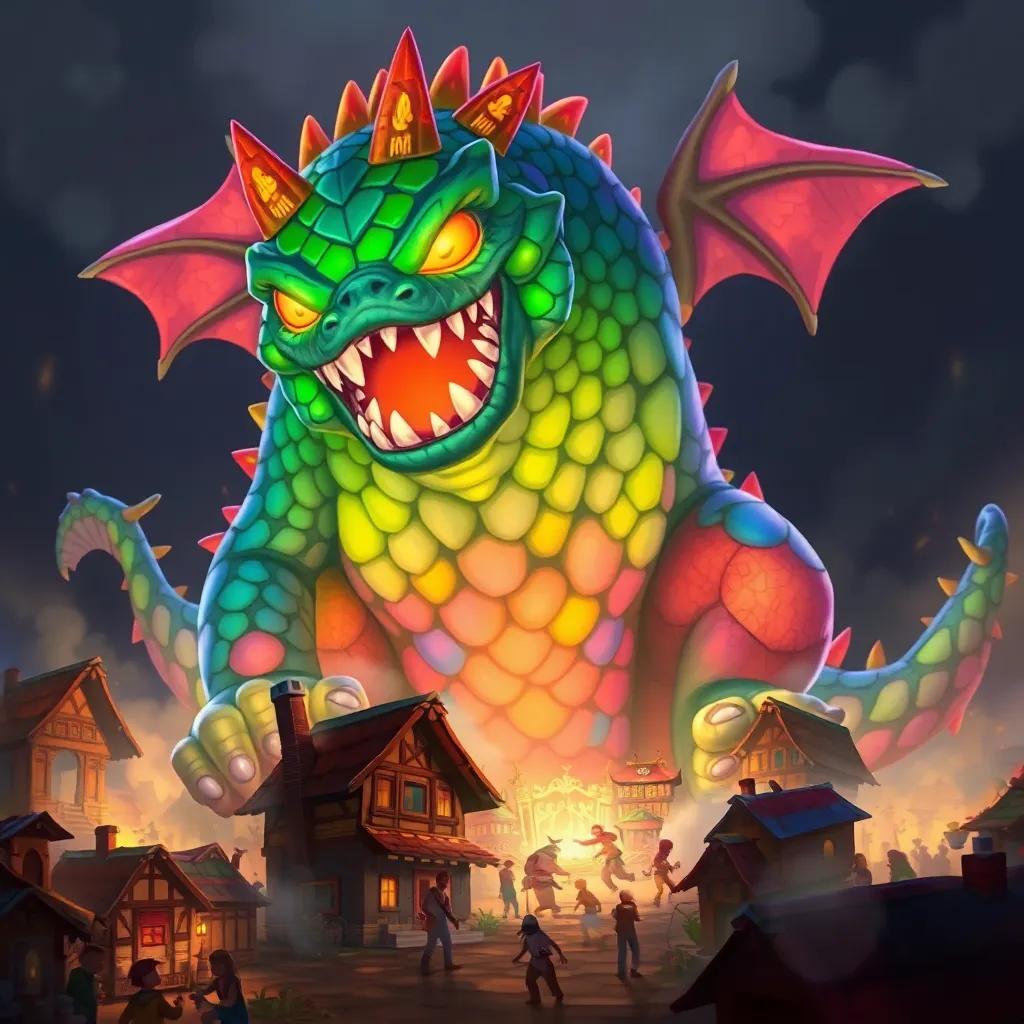 A large, mythical monster with colorful scales and glowing eyes, towering over the villagers in a chaotic scene, illustration, dramatic lighting, fierce and intense energy, child-friendly