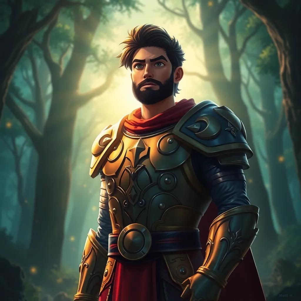 The moment Rashid gathers his courage, wearing his gleaming armor with a determined expression, standing in a mystical forest illuminated by magical light, digital painting, inspiring and motivational, rich details