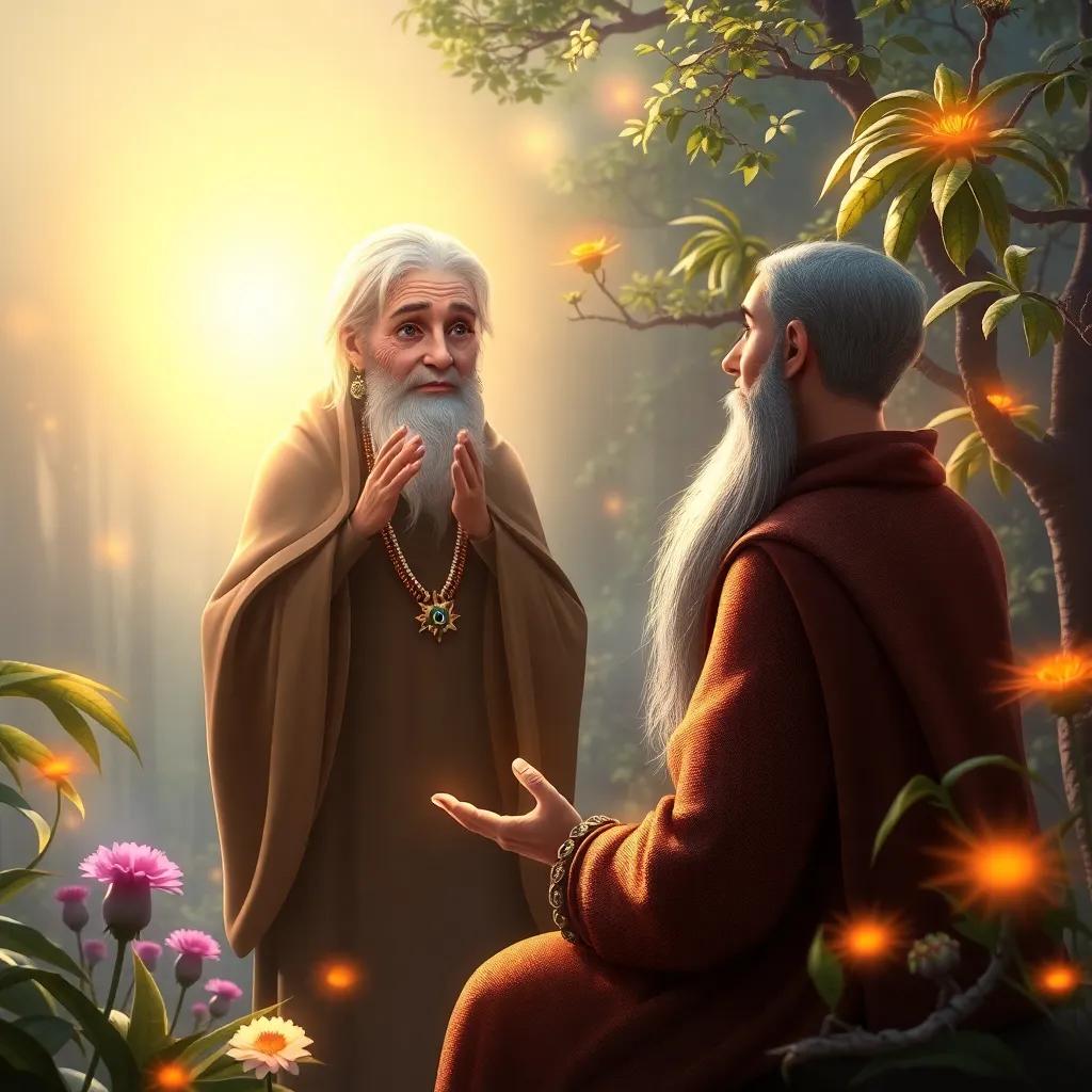 An old wise woman appearing in a mystical light, guiding Rashid with wise words about bravery, surrounded by magical plants and trees, ethereal glow, fantasy theme, gentle ambiance