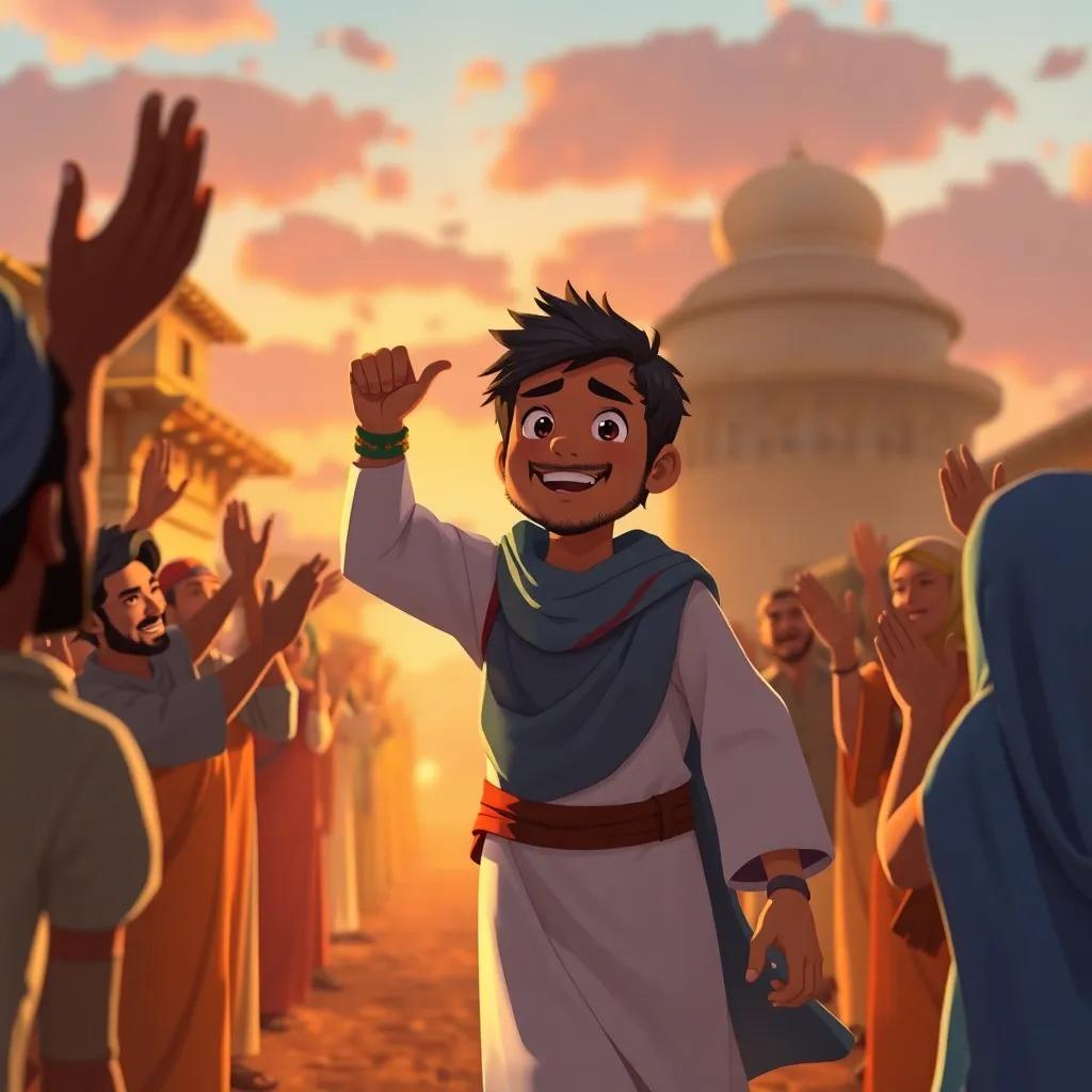 Rashid returning to his village victorious, people cheering and clapping for his bravery, warm sunset light bathing the scene, joyful atmosphere, emotional and heartwarming