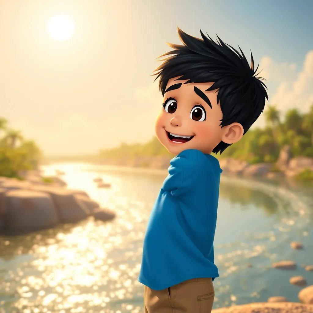 A young boy, Sami, with short black hair, wearing a blue shirt and khaki shorts, excitedly looking towards a shimmering river under a bright sun, cheerful atmosphere, digital art, vibrant colors, engaging scene, high quality