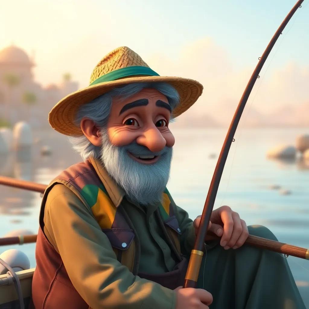 An old fisherman, Uncle Saleh, with gray hair and a friendly smile, wearing a straw hat and colorful fishing vest, sitting by the river with a fishing rod, warm light, peaceful setting, detailed illustration, gentle ambiance