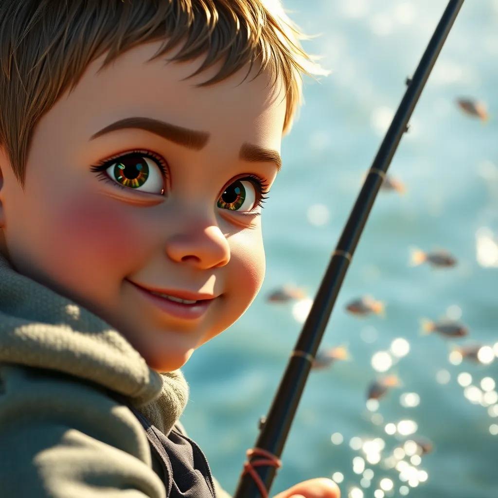A close-up of Sami learning to hold a fishing rod, focusing on his determined face, with sparkling water and small fish in the background, bright sunlight, joyful and adventurous mood, artistic representation, crisp detail