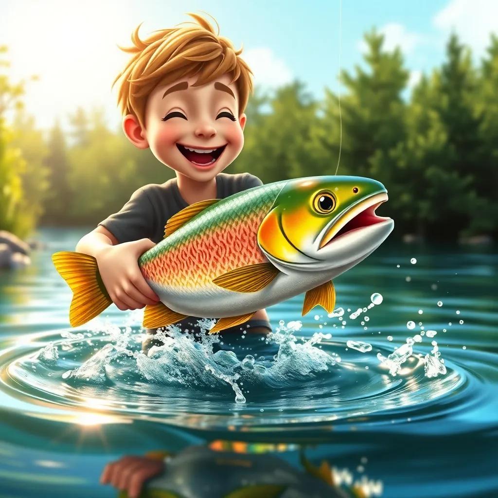 Sami joyfully pulling his first shiny fish from the river, with splashes of water and sunlight reflecting off the scales, surrounded by nature’s greenery, action shot, colorful and lively, imaginative style