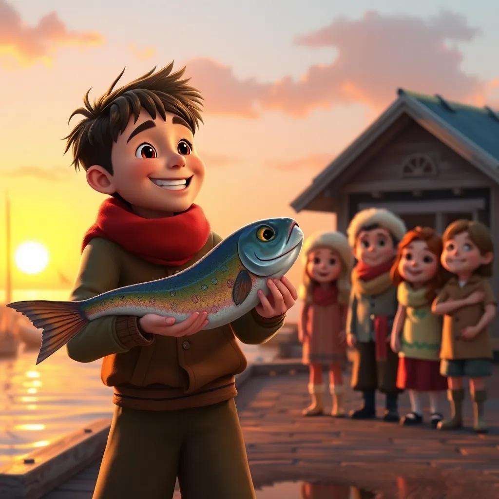 Sami returning home with a big smile, holding the fish in one hand, with his friends eagerly waiting to hear his story, warm sunset light, friendly gathering, heartwarming scene, charming artwork