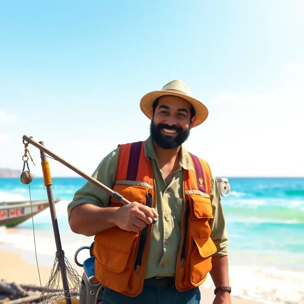 A fisherman, Ahmed, with a broad smile and dark hair, wearing a fishing vest and hat, preparing his fishing gear on a sunny beach, vibrant colors, lively atmosphere, high quality