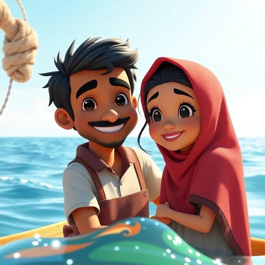 Ahmed, a fisherman, with a broad smile and dark hair, showing his daughter Fatima the beauty of the sea, surrounded by gentle waves and a bright sky, cheerful, inviting, high quality