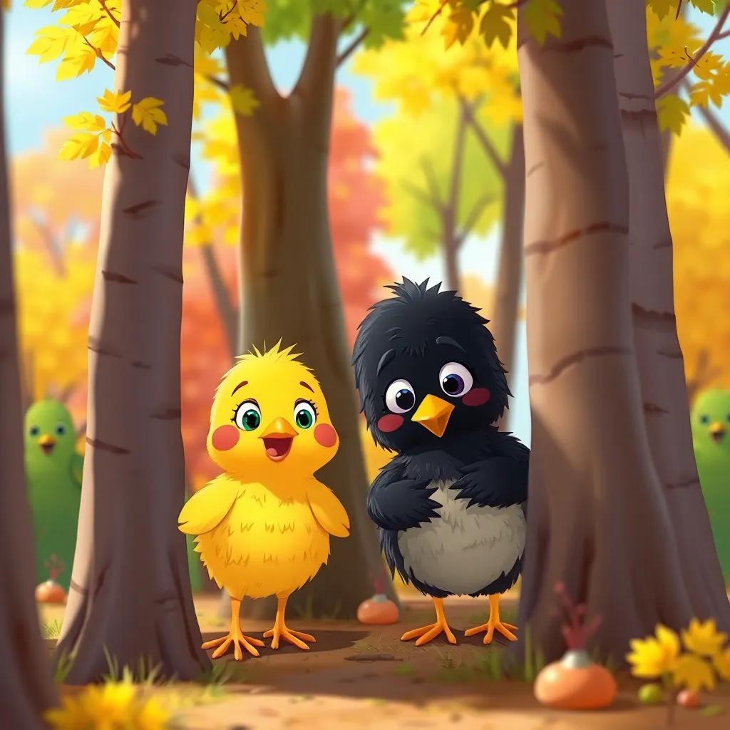 A yellow chick with brown spots and a black chick hiding among trees, the chicks expressing excitement and fear, colorful trees, a sunny day, whimsical style, vibrant colors, friendly and engaging