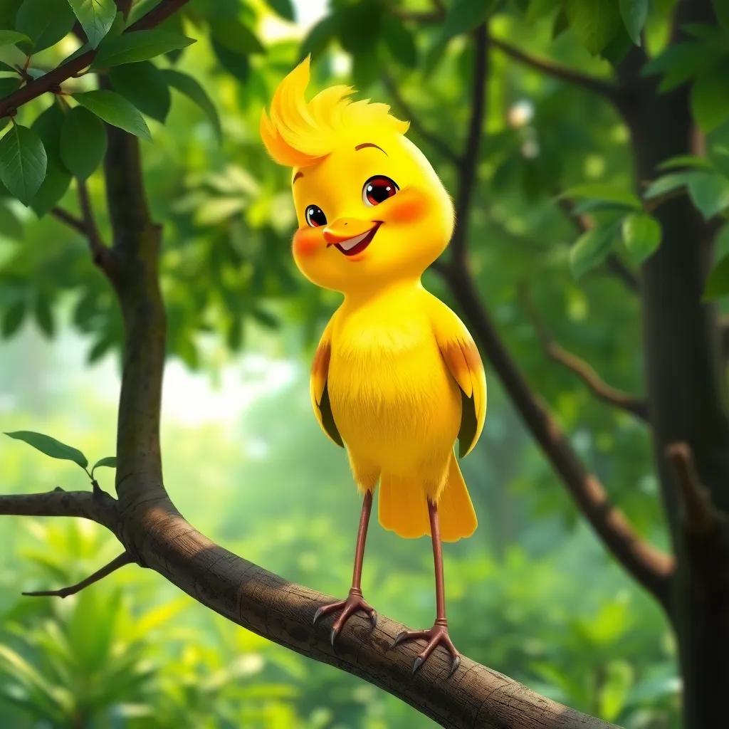 A cheerful little bird, سعيد, with bright yellow feathers standing confidently on a tree branch in a lush green forest, digital art, vibrant colors, cheerful atmosphere, high quality