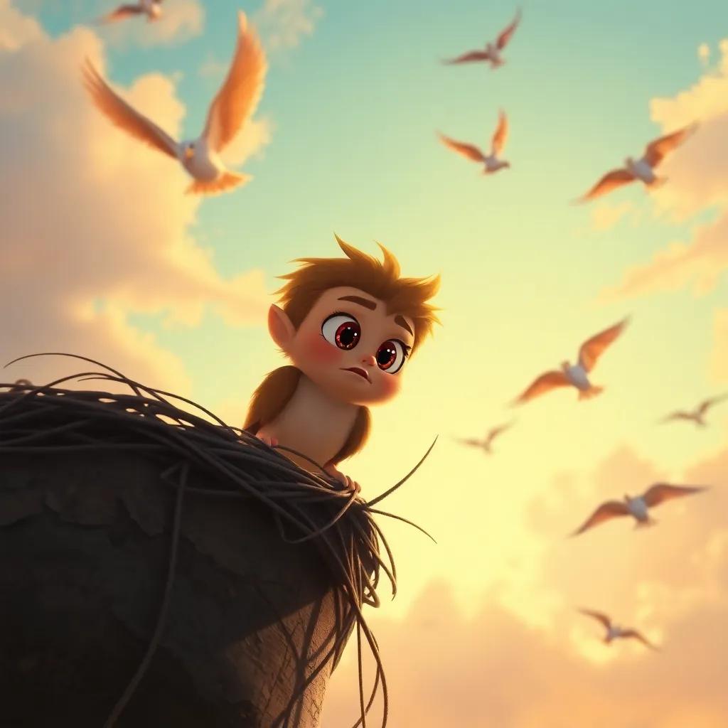 Said staring down nervously from the edge of his nest with other birds flying gracefully in the sky, illustration, warm light, vibrant sky, high quality