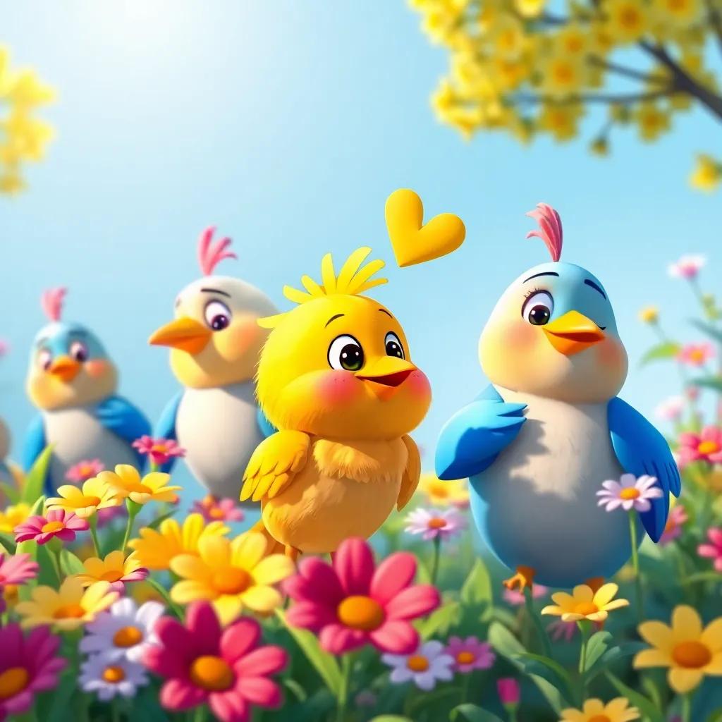 A group of friendly cartoon birds encouraging سعيد, the little bird with bright yellow feathers, surrounded by a sunny garden filled with colorful flowers, colorful, cheerful, inspiring