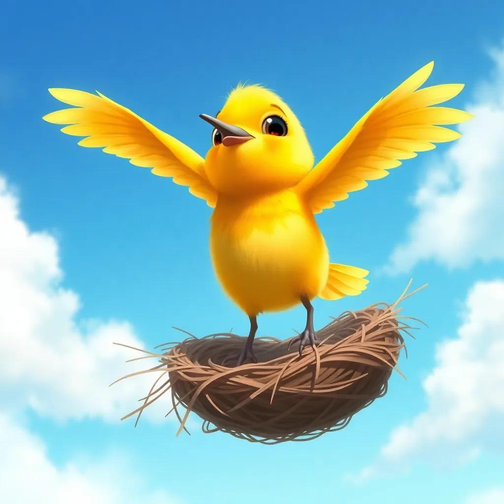 سعيد, a little bird with bright yellow feathers, opening his wings wide and taking a leap from his nest, with a bright blue sky and soft white clouds in the background, digital painting, hopeful, vibrant, uplifting