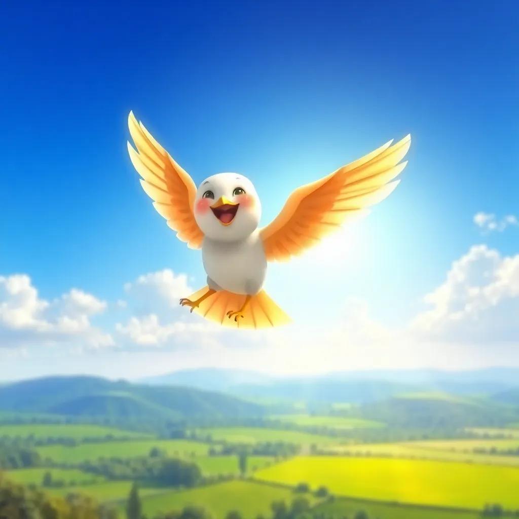 سعيد, a happy little bird soaring joyfully in the sky with bright blue and green landscapes below, feeling proud and free, colorful, warm light, a sense of achievement, high quality
