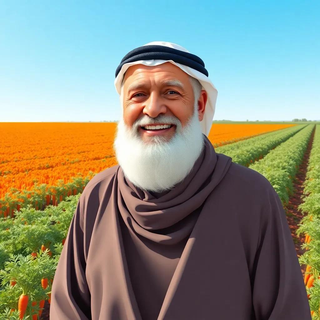 An elderly Arab man, Ahmed, with a white beard and wearing a traditional thawb, standing proudly next to a vibrant carrot field, smiling under a clear blue sky, illustration, cheerful, family-friendly, rich colors