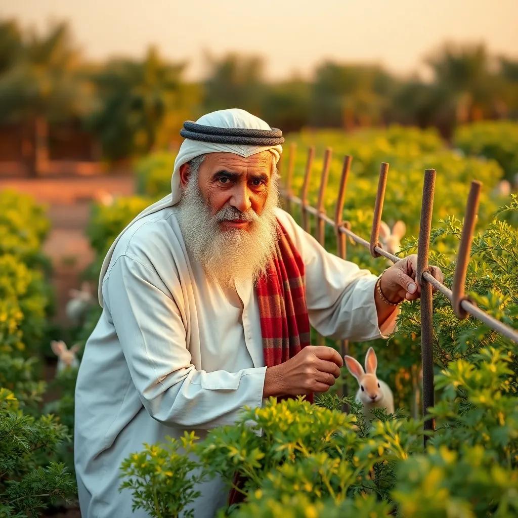 An elderly Arab man, Ahmed, with a white beard and wearing a traditional thawb, building a fence around his carrot field, determined expression, with bunnies peeking from behind bushes, warm light, colorful, engaging scene