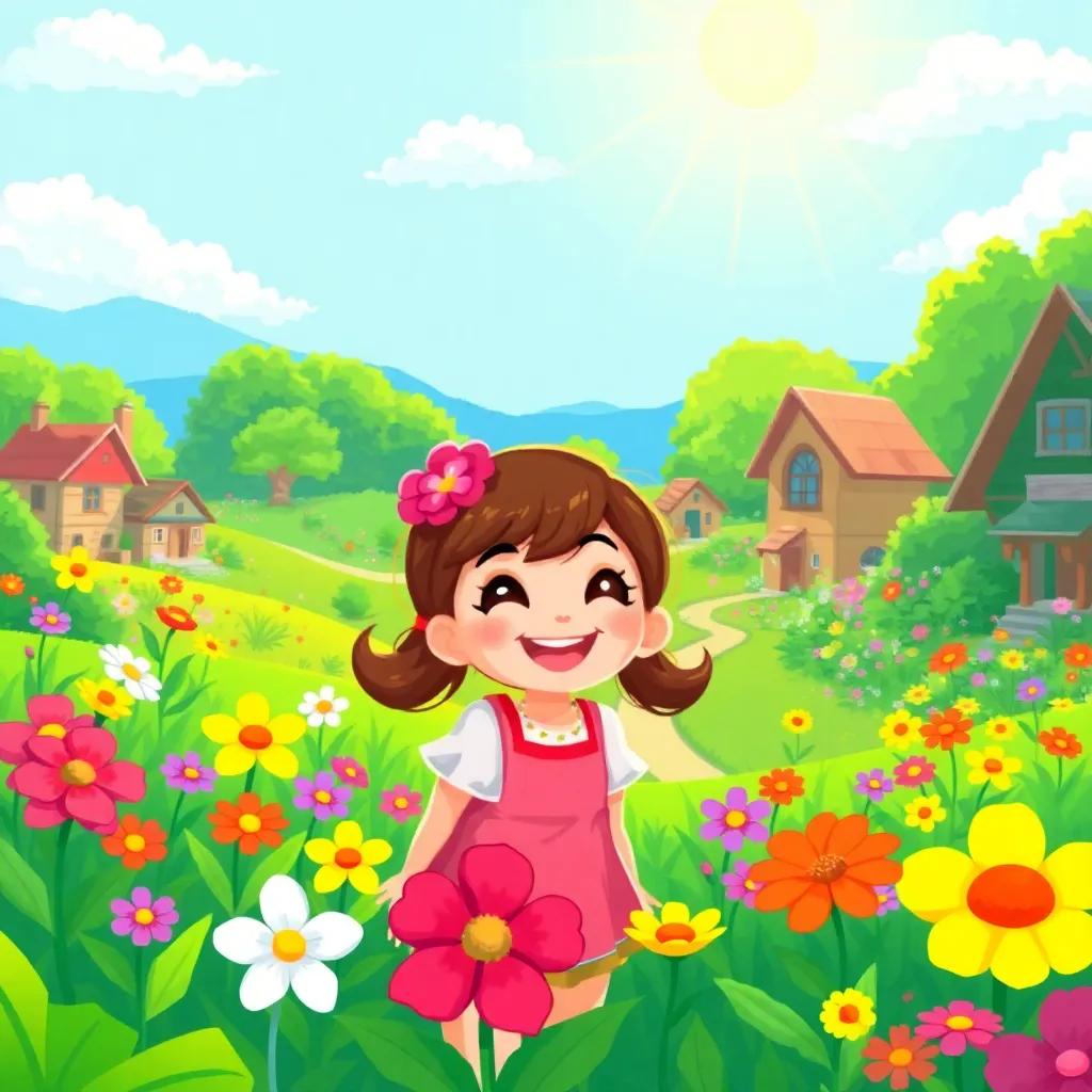 A vibrant green village with a young girl, Mila, playing among colorful flowers, smiling and laughing, sunshine shining down, digital art, bright colors, cheerful, high quality