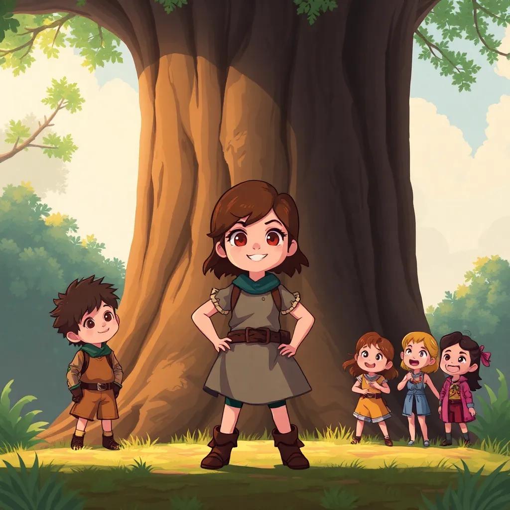 A courageous girl, Mila, standing determined in front of a large tree, her friends around her, excitement on their faces, digital art, warm light, inviting atmosphere, child-friendly, high quality.