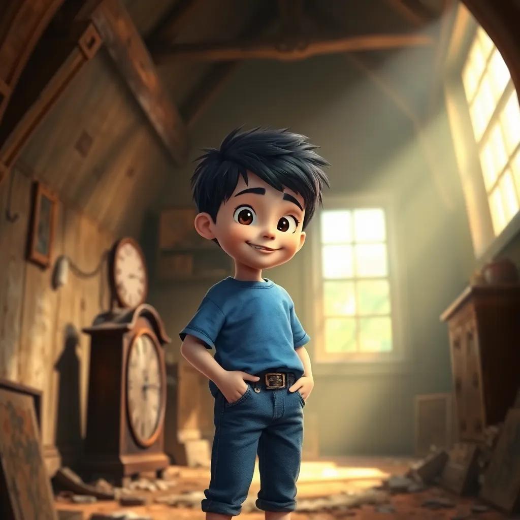 A young boy, Sami, with short black hair, wearing a simple blue T-shirt and jeans, discovering an old clock in a dusty attic, with bright sunlight filtering through a window, digital art, bright colors, nostalgic atmosphere, cheerful expression