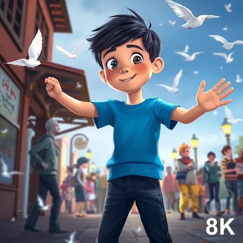Sami, a young boy with short black hair in a blue T-shirt and jeans, having the ability to stop time, with birds frozen in the air and people pausing, colorful digital illustration, magical, whimsical feel, dynamic action, child-friendly