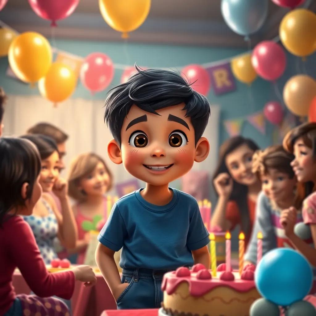 Sami, a young boy with short black hair in a blue T-shirt and jeans, enjoying a birthday party in the past, surrounded by friends and family, balloons and cake, joyful colors, warm lighting, heartwarming scene, fantasy atmosphere