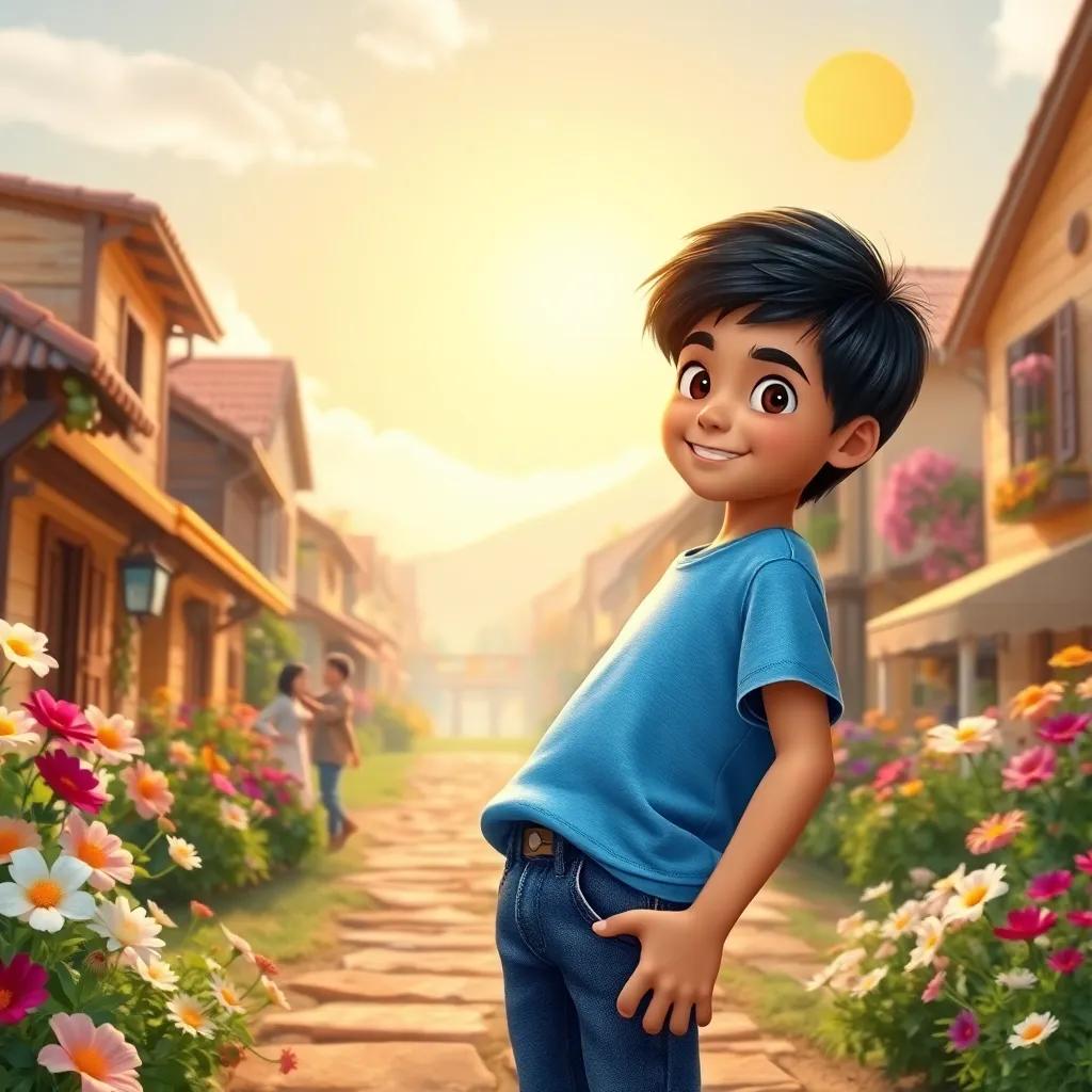 Sami, a young boy with short black hair in a blue T-shirt and jeans, helping friends appreciate life's moments, in a vibrant village setting with flowers and sun, friendly ambiance, bright colors, uplifting imagery