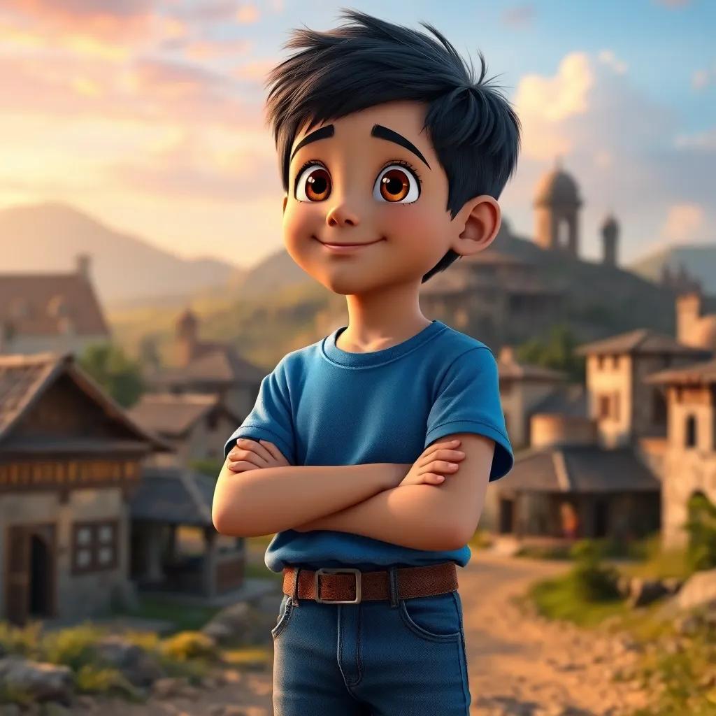 Sami, a young boy with short black hair in a blue T-shirt and jeans, looking determined and happy, standing in front of a village with dreams in his eyes, hopeful atmosphere, colorful skies, inspiring scene