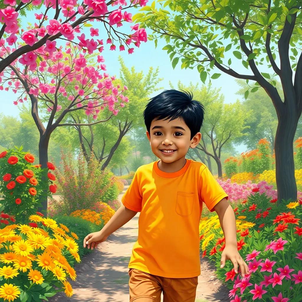 A young Arab boy, Mahdi, with short black hair, wearing a bright t-shirt and shorts, playing with a friend in a garden filled with trees and flowers, sunny day, cheerful atmosphere, colorful plants, digital art, lively and playful, high quality