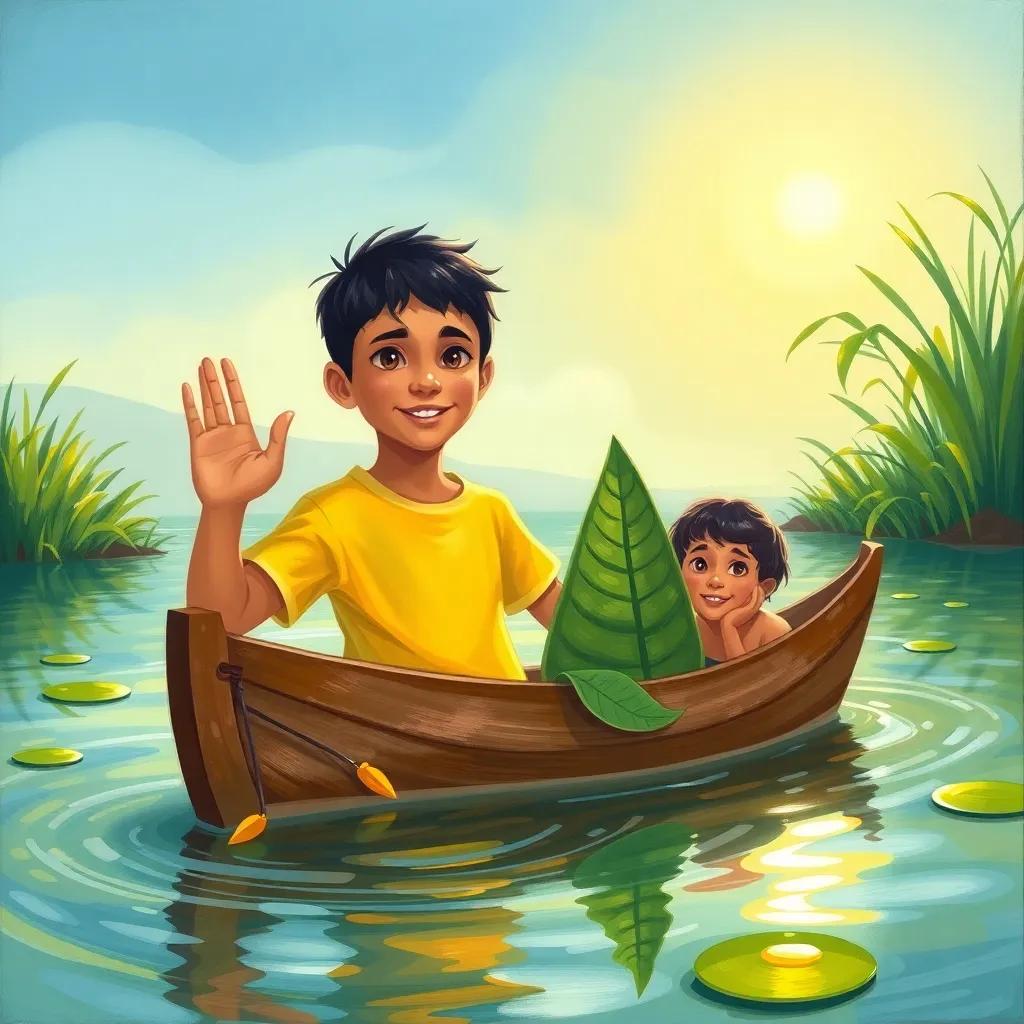 A young Arab boy, Mahdi, with short black hair, wearing a bright t-shirt and shorts, holding a handmade boat made of leaves, next to his friend in a small pond, sun reflecting on the water, fun and adventure, vibrant colors, child-friendly, illustration, delightful
