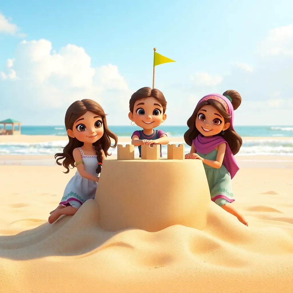 A sunny beach scene with three girls, Sarah, Noor, and Reem, building a big sandcastle together, colorful flags on the castle, cheerful vibe, digital art, warm tones, inviting atmosphere, high quality