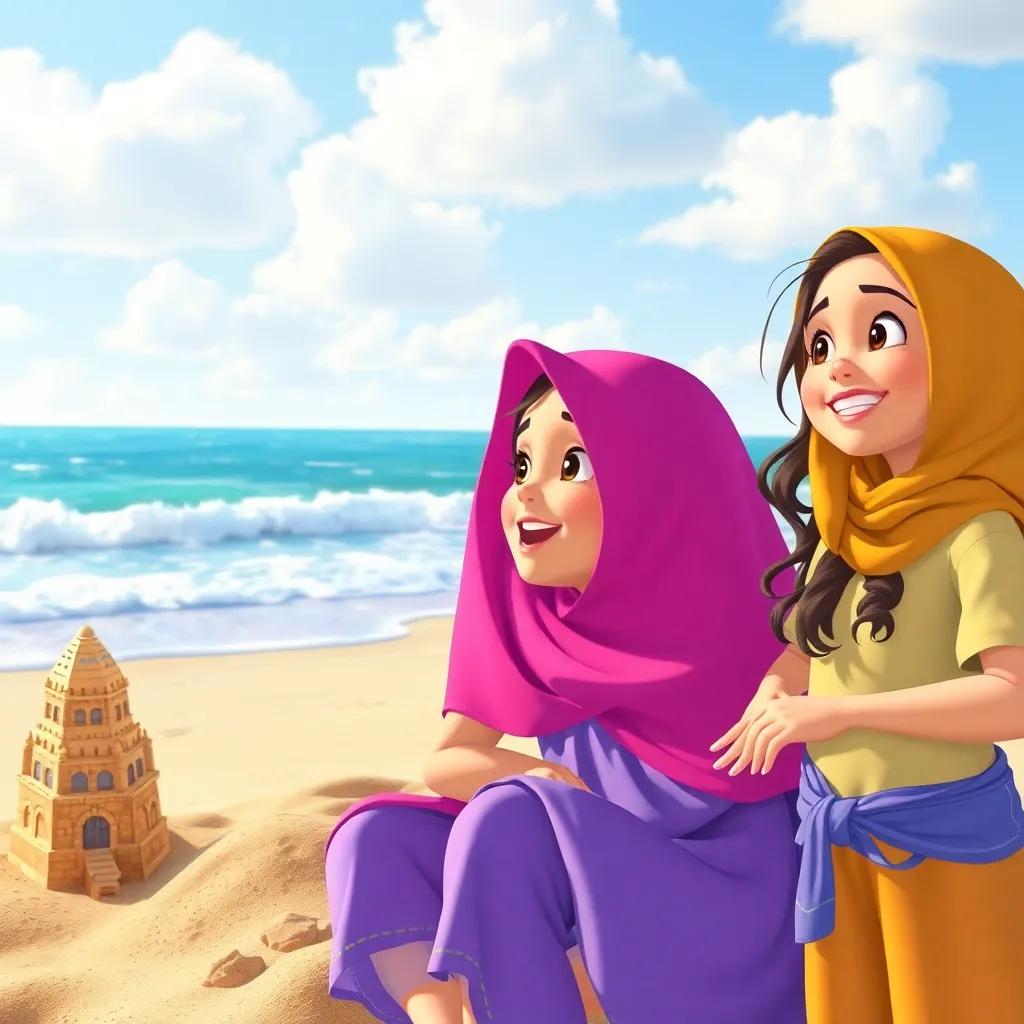 Three girls, Sarah, Noor, and Reem, looking at the ocean with excitement and laughter, discussing their sandcastle, colorful beach setting, joyful expressions, bright colors, storytelling view, high quality