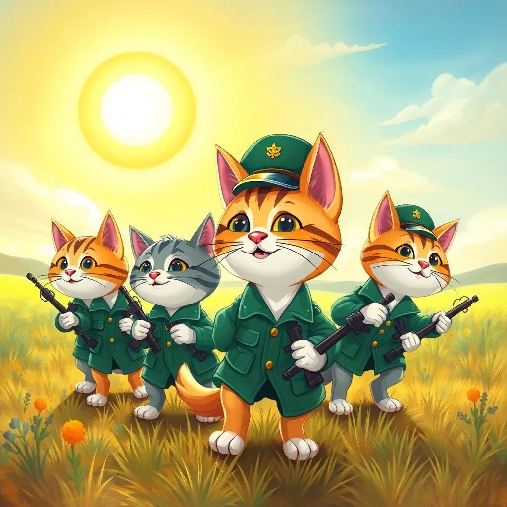 A small military cat team, training in a sunny field, with captain Miaow leading, cartoon style, bright and colorful, cheerful atmosphere, high quality